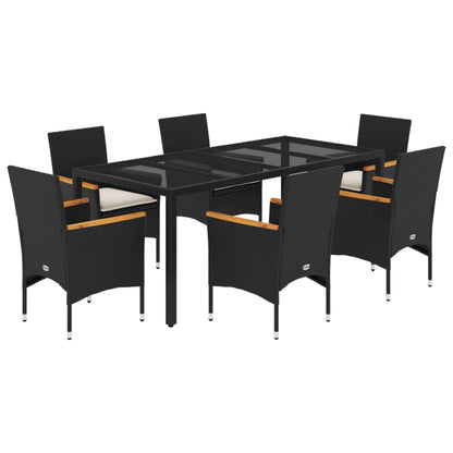 Ensemble à manger de jardin et coussins 7 pcs noir rotin acacia