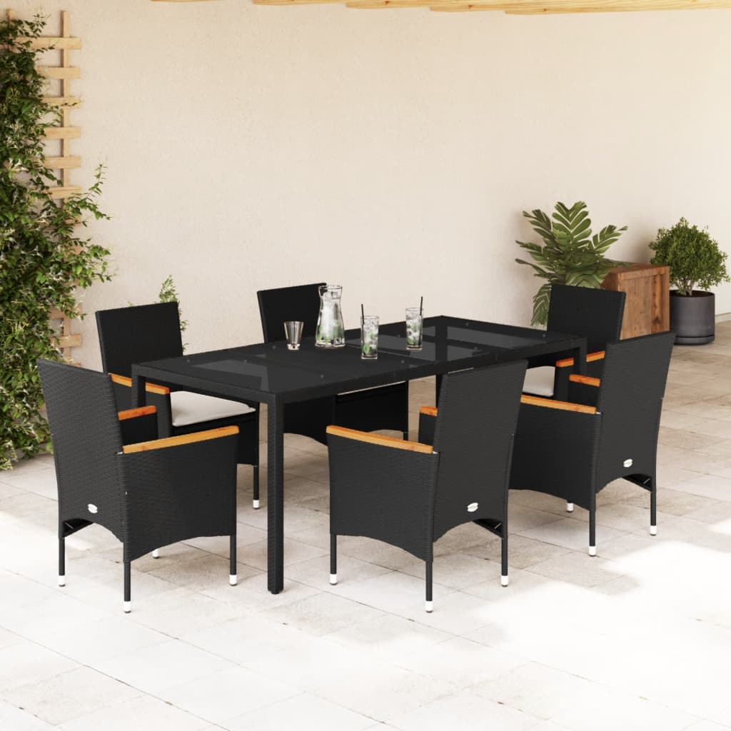 Ensemble à manger de jardin et coussins 7 pcs noir rotin acacia