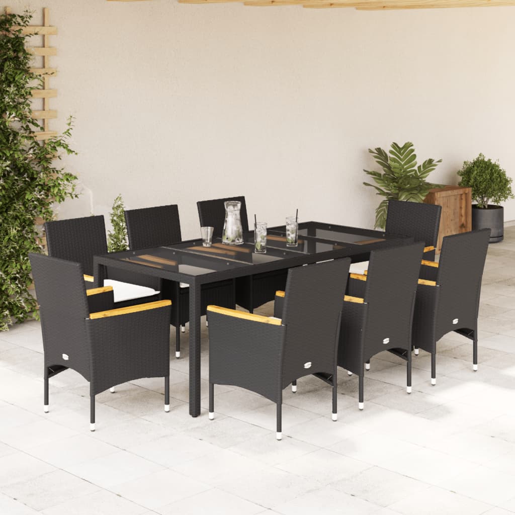 Ensemble à manger de jardin et coussins 9 pcs noir rotin verre