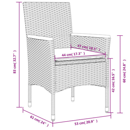 Ensemble à manger de jardin et coussins 3 pcs gris rotin verre