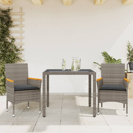 Ensemble à manger de jardin et coussins 3 pcs gris rotin verre