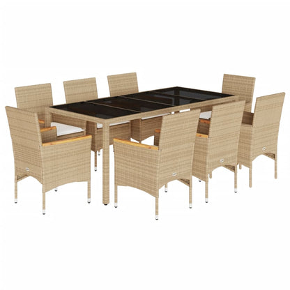 Ensemble à manger de jardin et coussins 9 pcs beige rotin verre