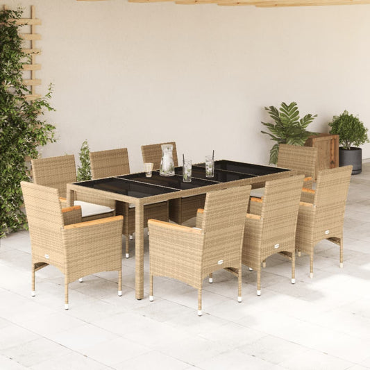 Ensemble à manger de jardin et coussins 9 pcs beige rotin verre