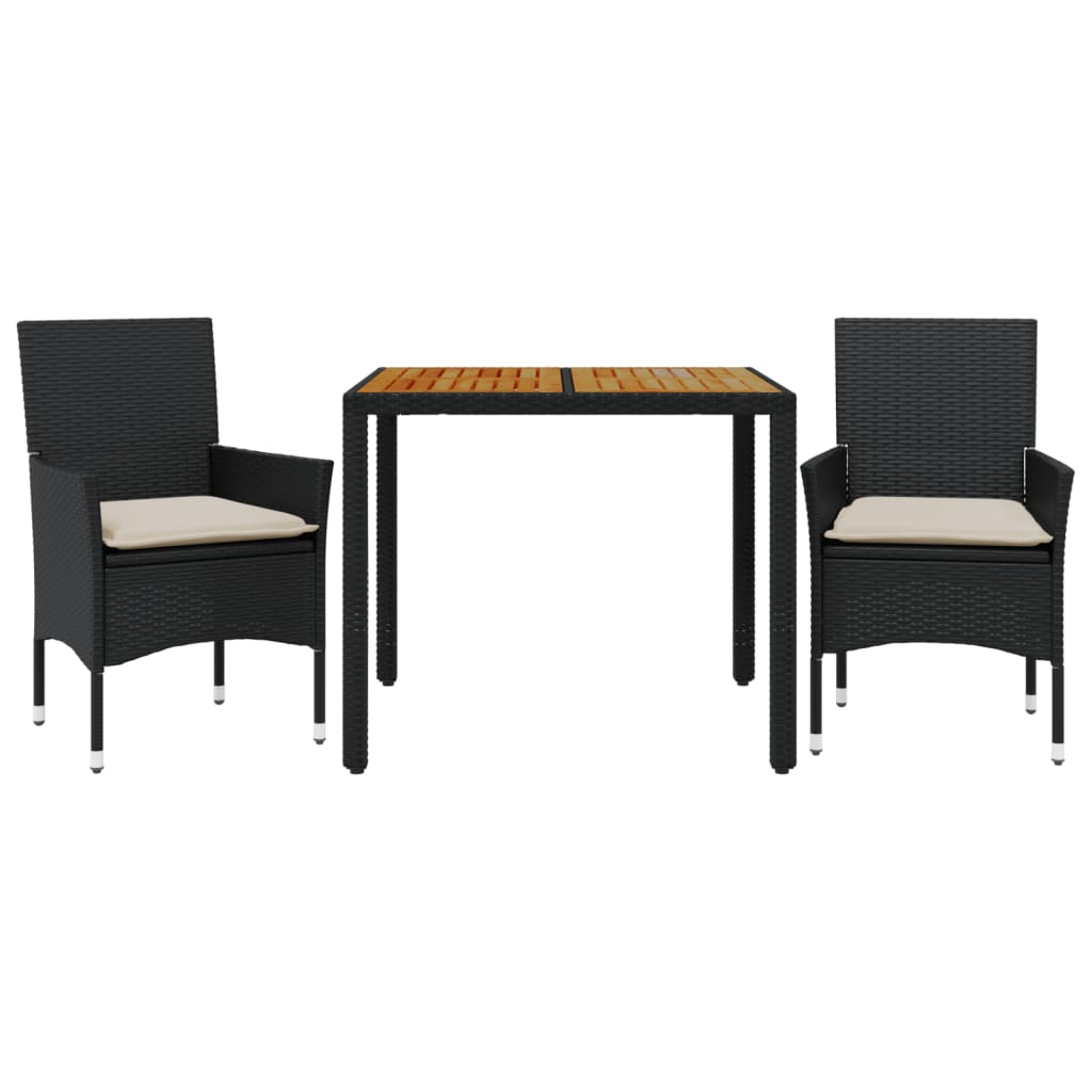 Ensemble à manger de jardin et coussins 3 pcs noir rotin acacia