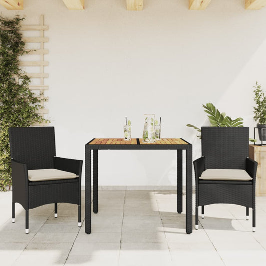 Ensemble à manger de jardin et coussins 3 pcs noir rotin acacia