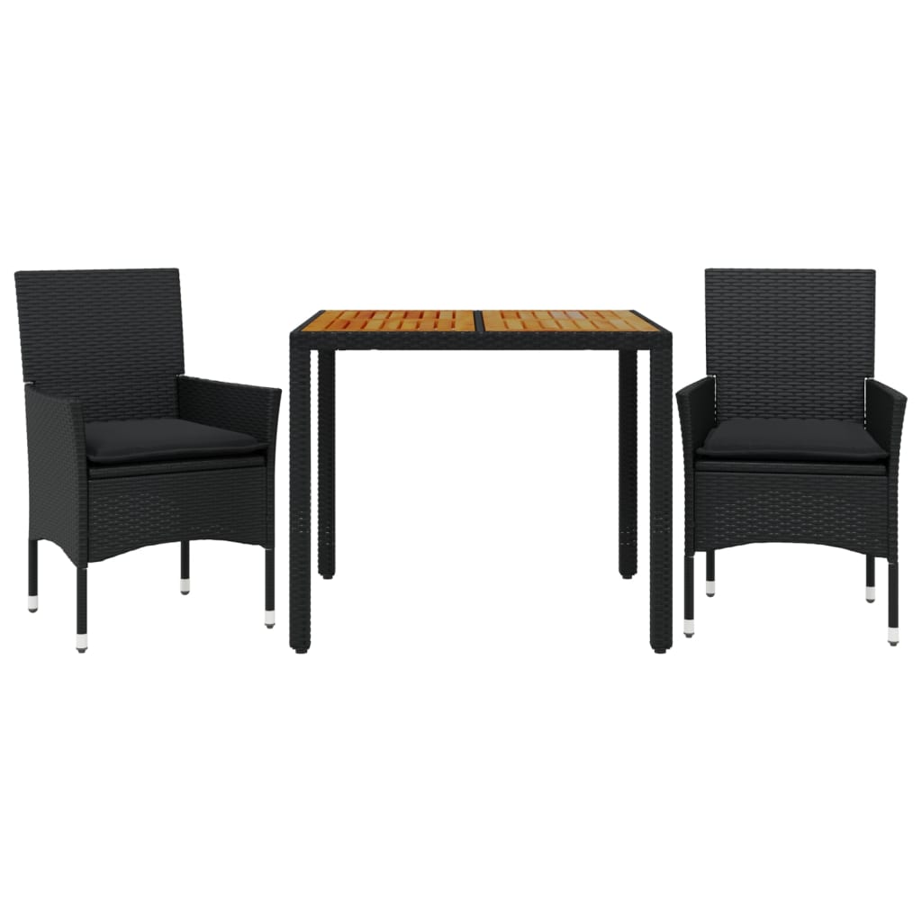 Ensemble à manger de jardin et coussins 3 pcs noir rotin acacia