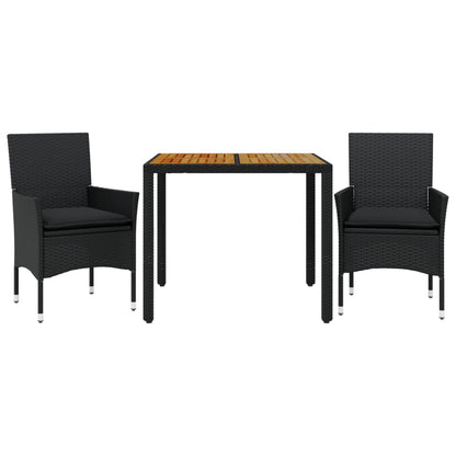 Ensemble à manger de jardin et coussins 3 pcs noir rotin acacia