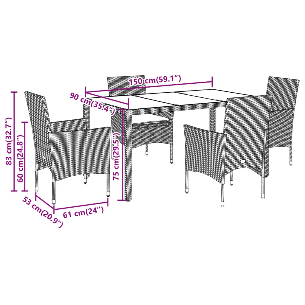 Ensemble à manger de jardin et coussins 5 pcs noir rotin acacia