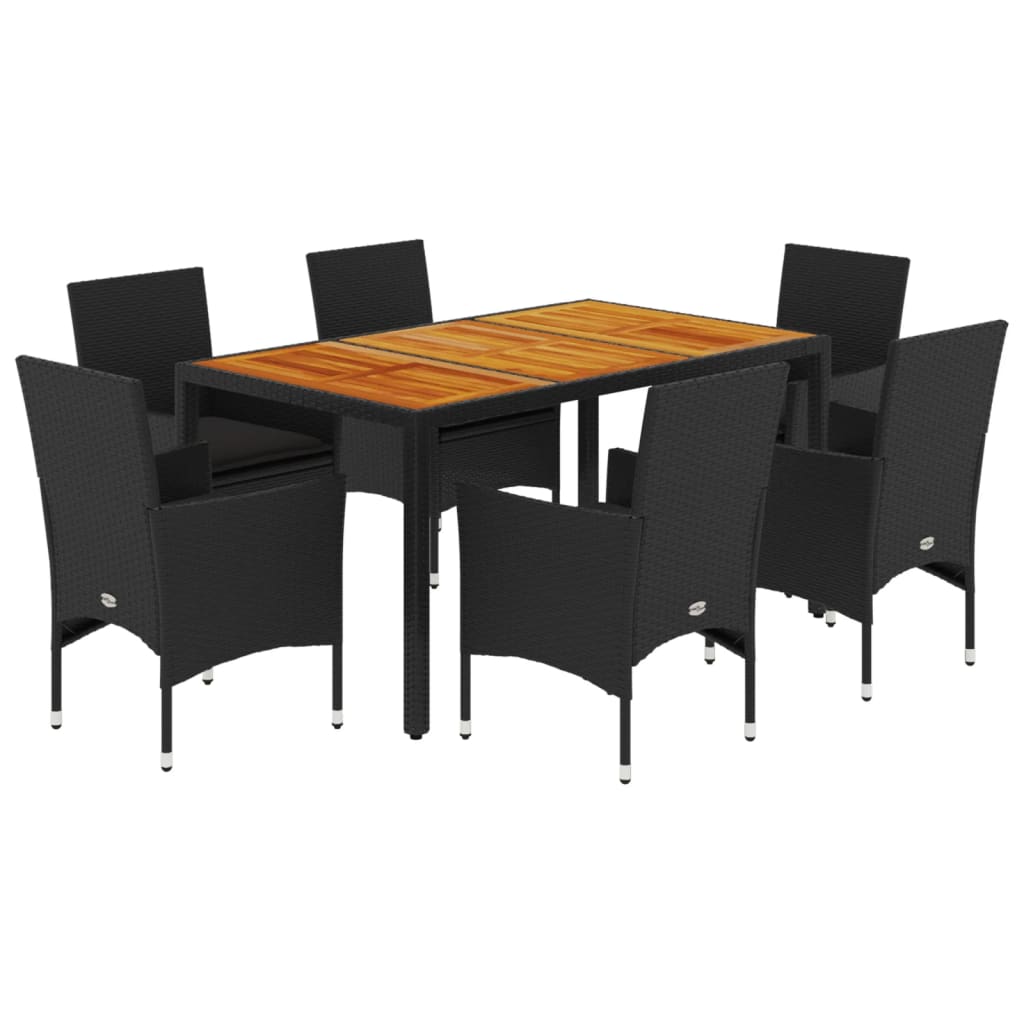 Ensemble à manger de jardin et coussins 7pcs noir rotin acacia