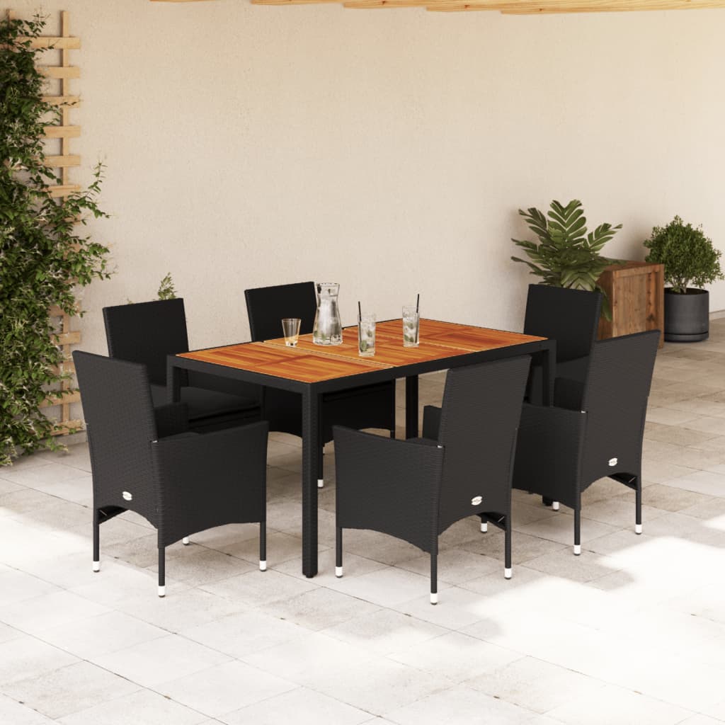 Ensemble à manger de jardin et coussins 7pcs noir rotin acacia