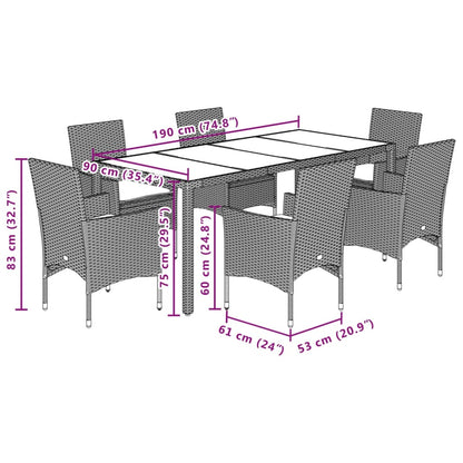 Ensemble à manger de jardin et coussins 7pcs noir rotin acacia