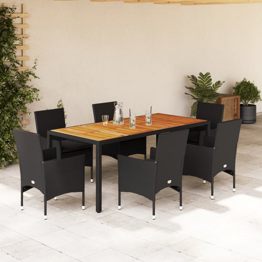 Ensemble à manger de jardin et coussins 7pcs noir rotin acacia