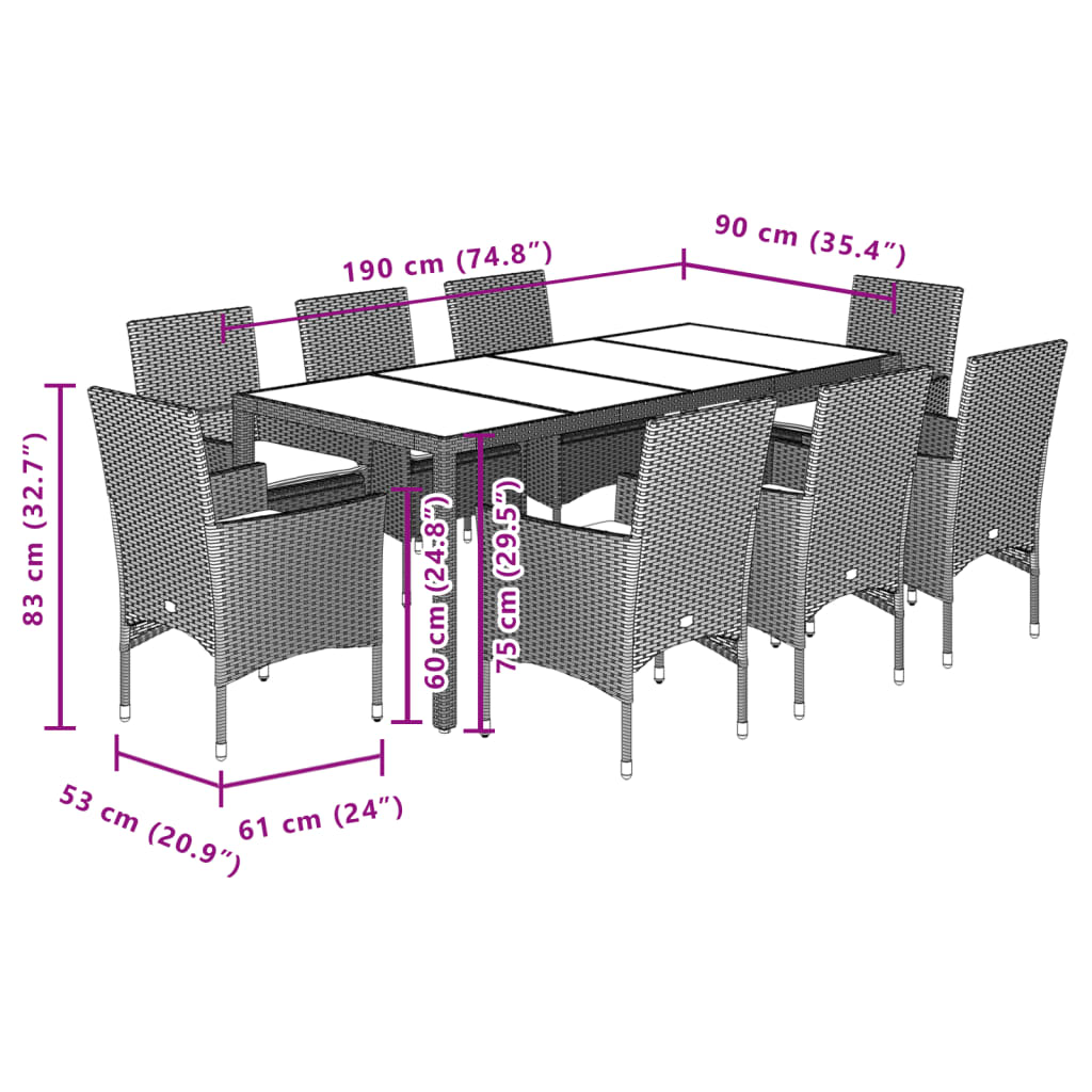 Ensemble à manger de jardin et coussins 9 pcs noir rotin acacia