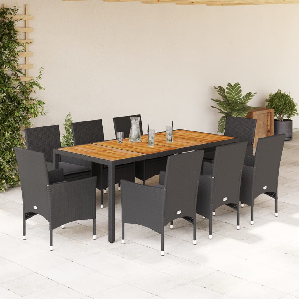 Ensemble à manger de jardin et coussins 9 pcs noir rotin acacia