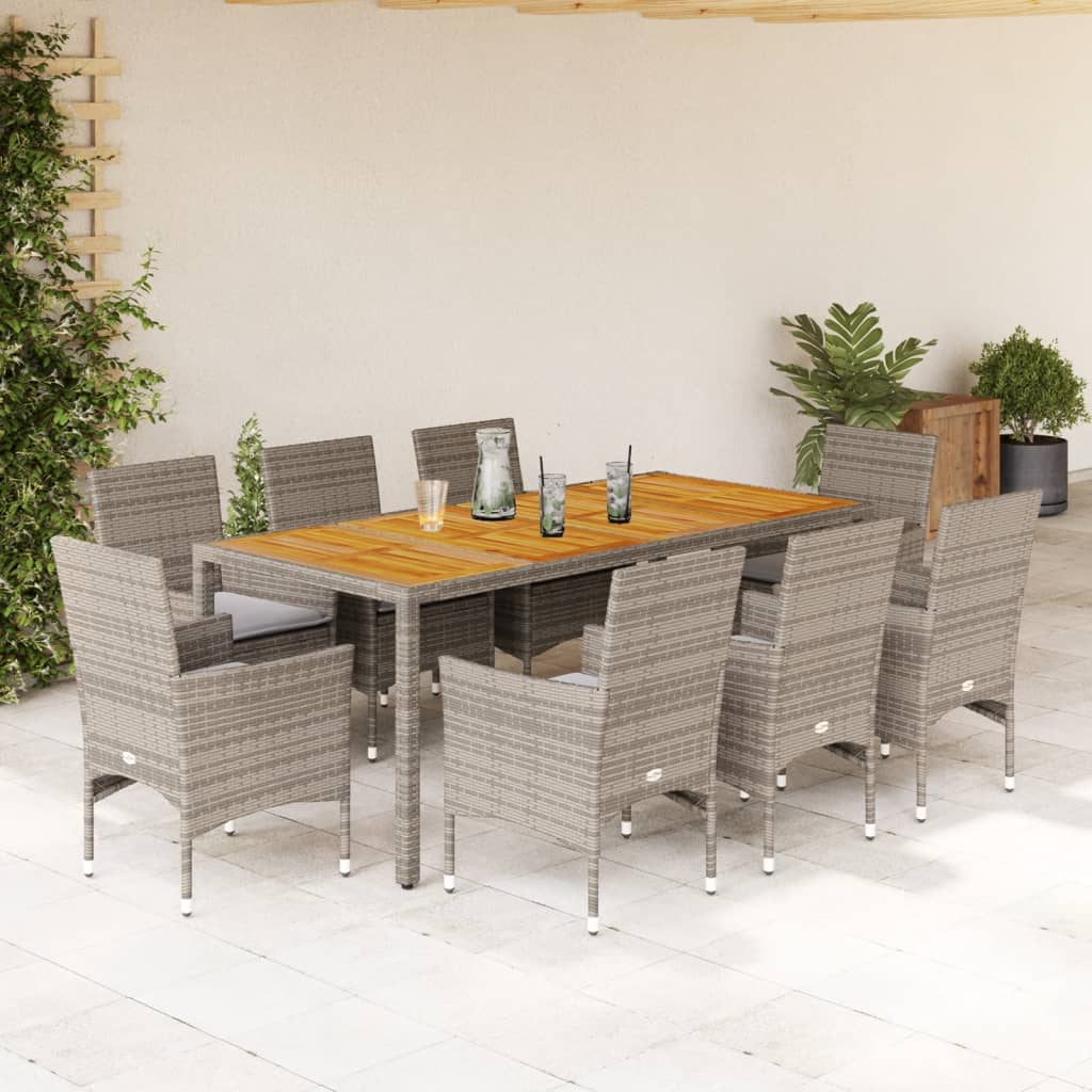 Ensemble à manger de jardin et coussins 9 pcs gris rotin acacia