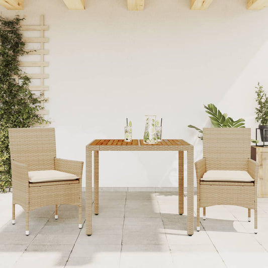 Ensemble à manger de jardin et coussins 3pcs beige rotin acacia