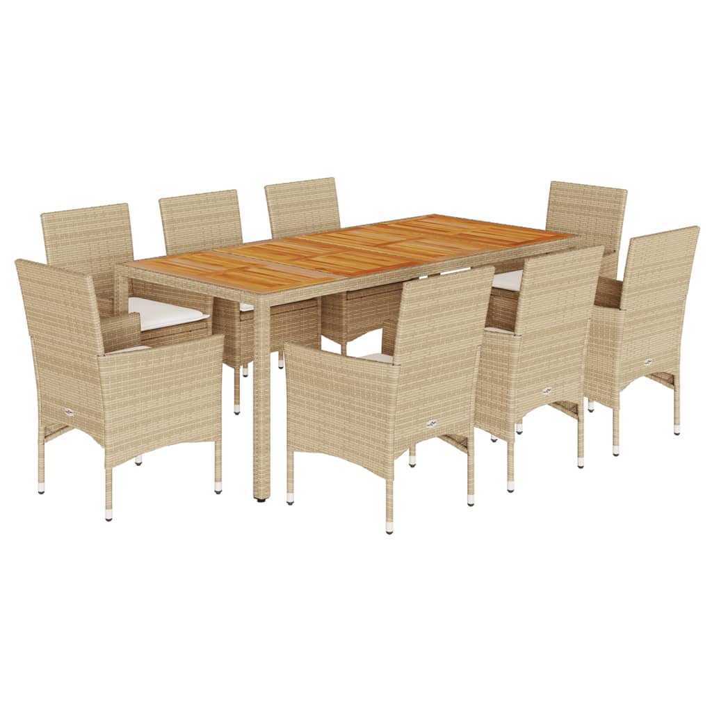 Ensemble à manger de jardin et coussins 9pcs beige rotin acacia