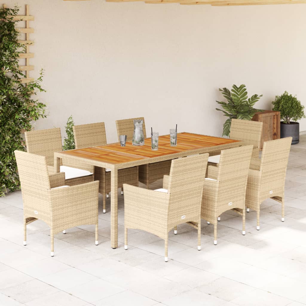 Ensemble à manger de jardin et coussins 9pcs beige rotin acacia