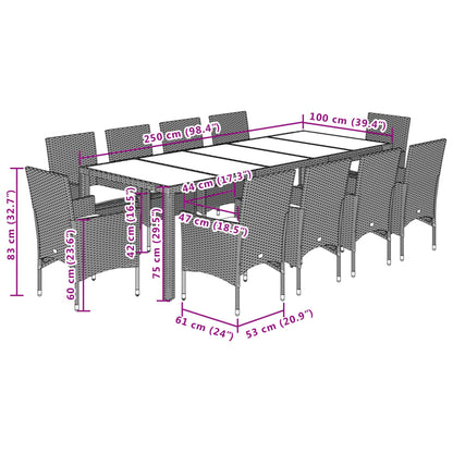 Ensemble à manger de jardin et coussins 11pcs gris rotin acacia