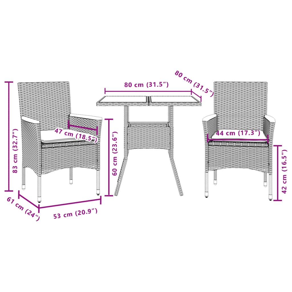 Ensemble à manger de jardin et coussins 3 pcs noir rotin acacia