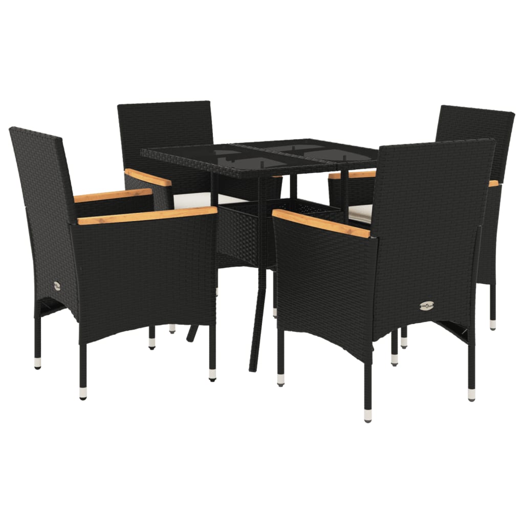 Ensemble à manger de jardin et coussins 5 pcs noir rotin verre