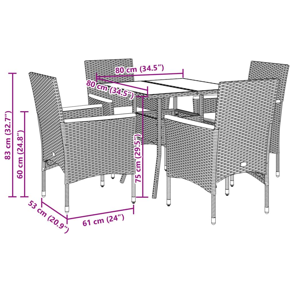 Ensemble à manger de jardin et coussins 5 pcs noir rotin verre