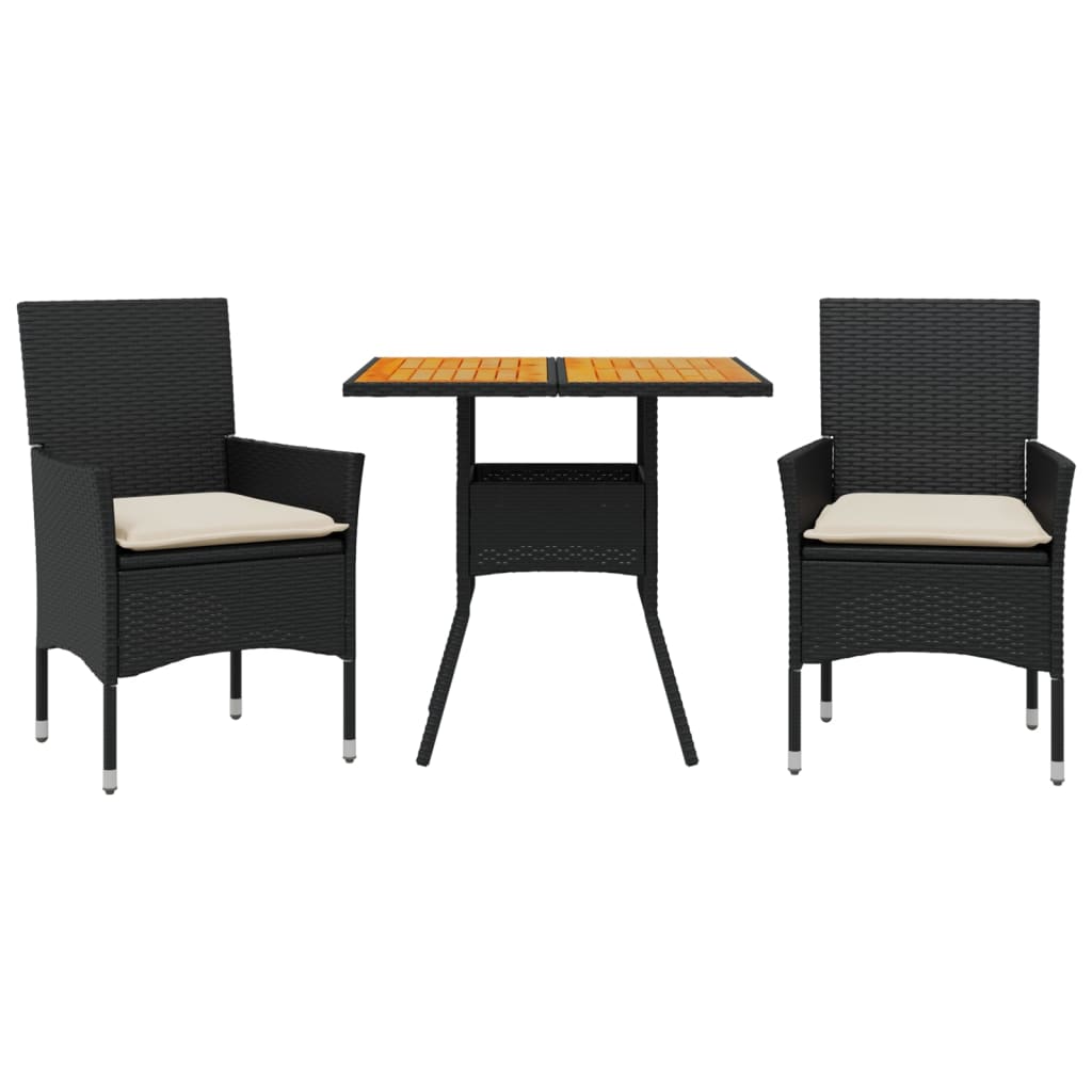 Ensemble à manger de jardin et coussins 3 pcs noir rotin acacia