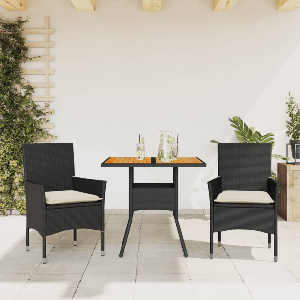 Ensemble à manger de jardin et coussins 3 pcs noir rotin acacia