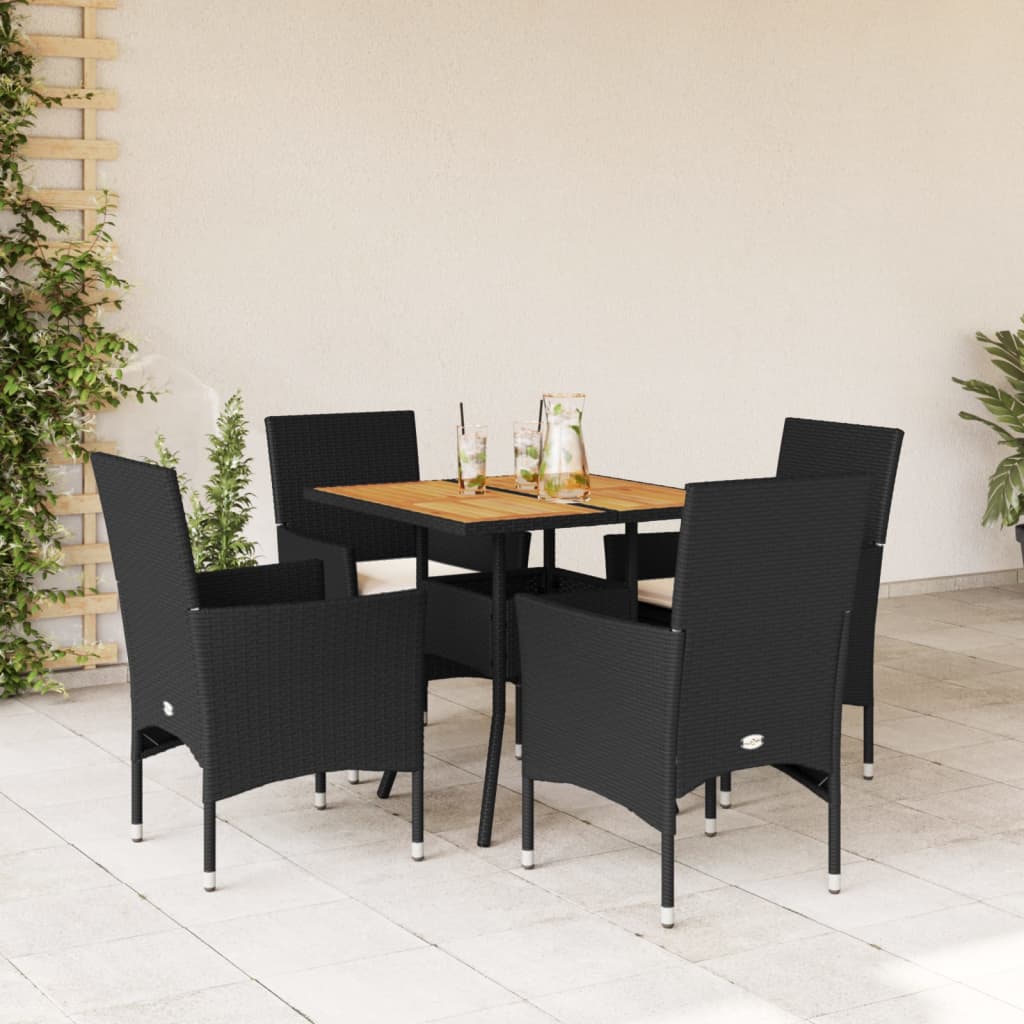 Ensemble à manger de jardin et coussins 5 pcs noir rotin acacia