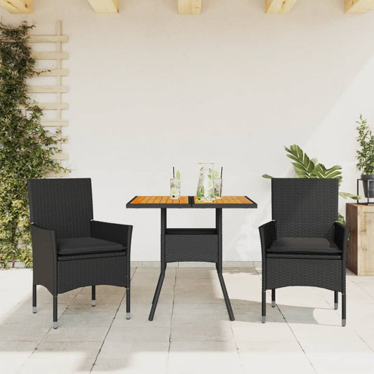 Ensemble à manger de jardin et coussins 3 pcs noir rotin acacia