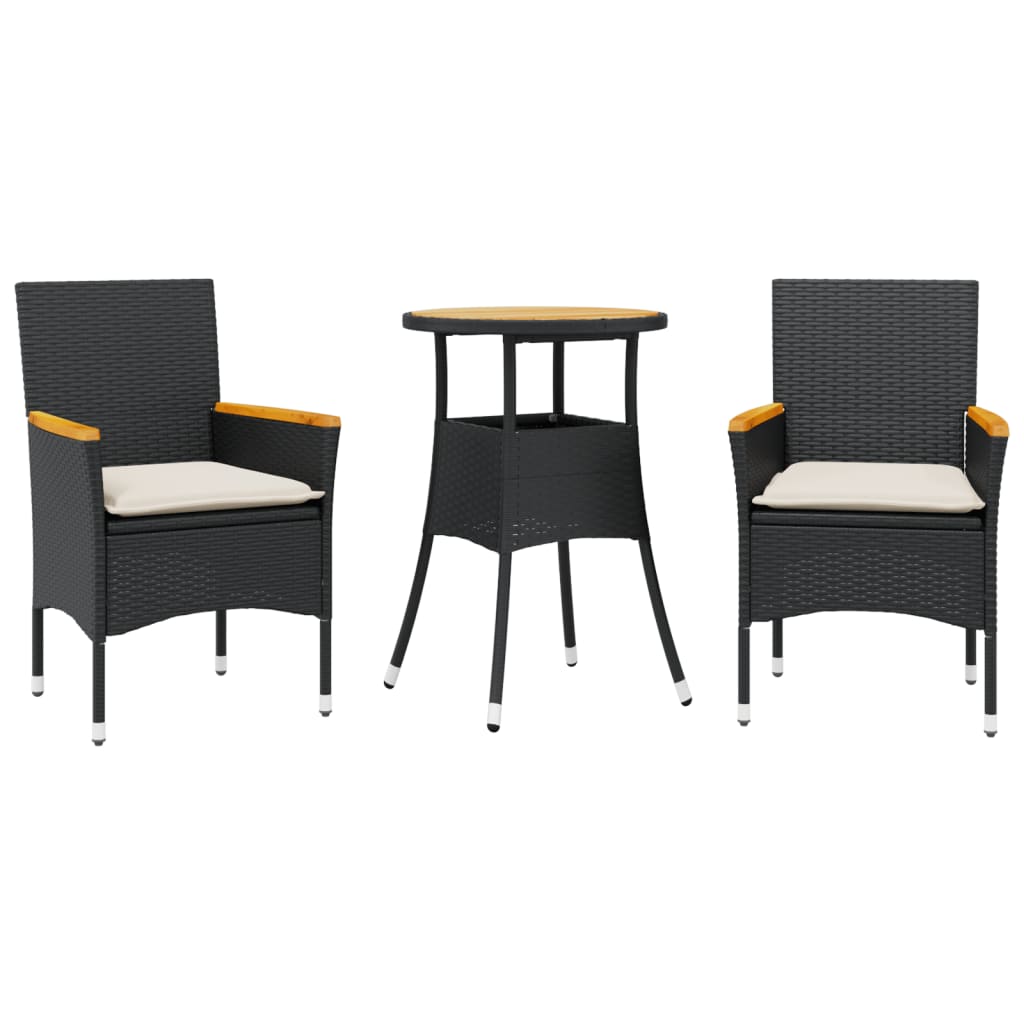 Ensemble à manger de jardin et coussins 3 pcs noir rotin acacia