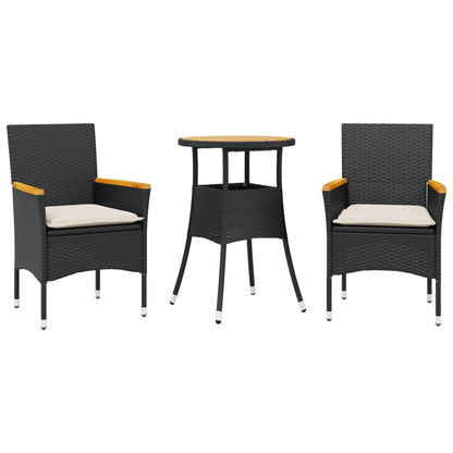 Ensemble à manger de jardin et coussins 3 pcs noir rotin acacia