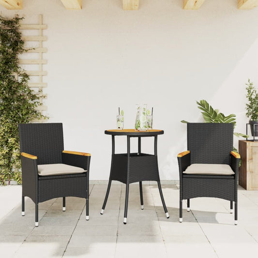 Ensemble à manger de jardin et coussins 3 pcs noir rotin acacia