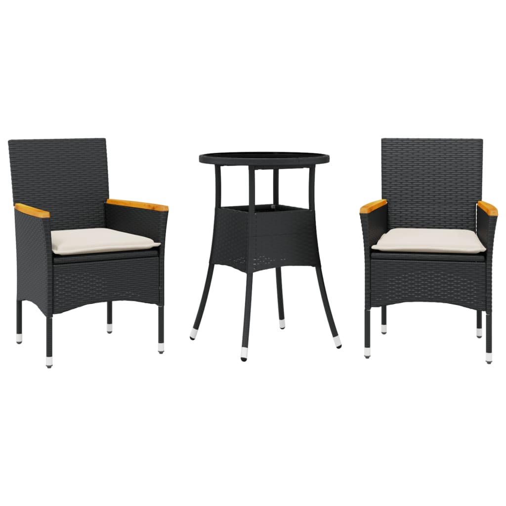 Ensemble à manger de jardin et coussins 3 pcs noir rotin verre