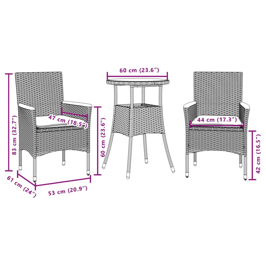 Ensemble à manger de jardin et coussins 3 pcs noir rotin verre