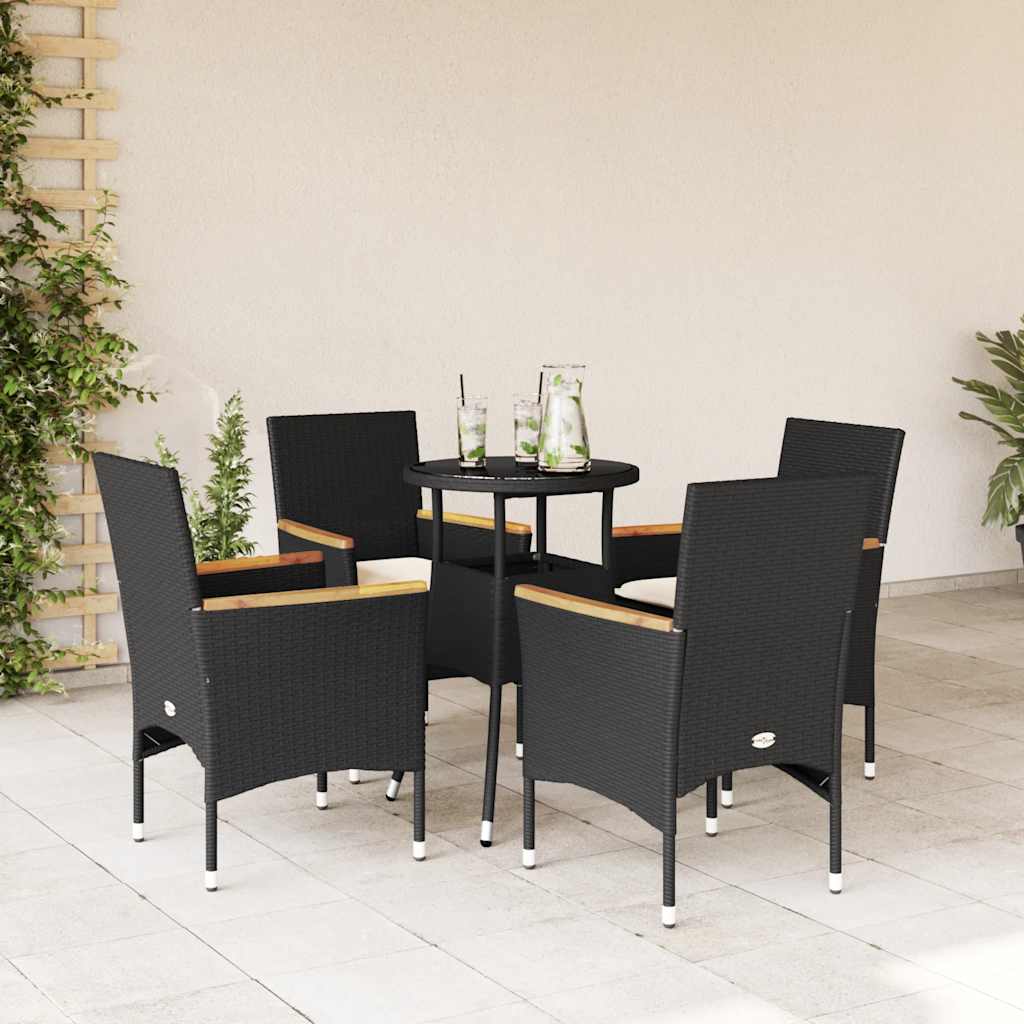 Ensemble à manger de jardin et coussins 5 pcs noir rotin verre