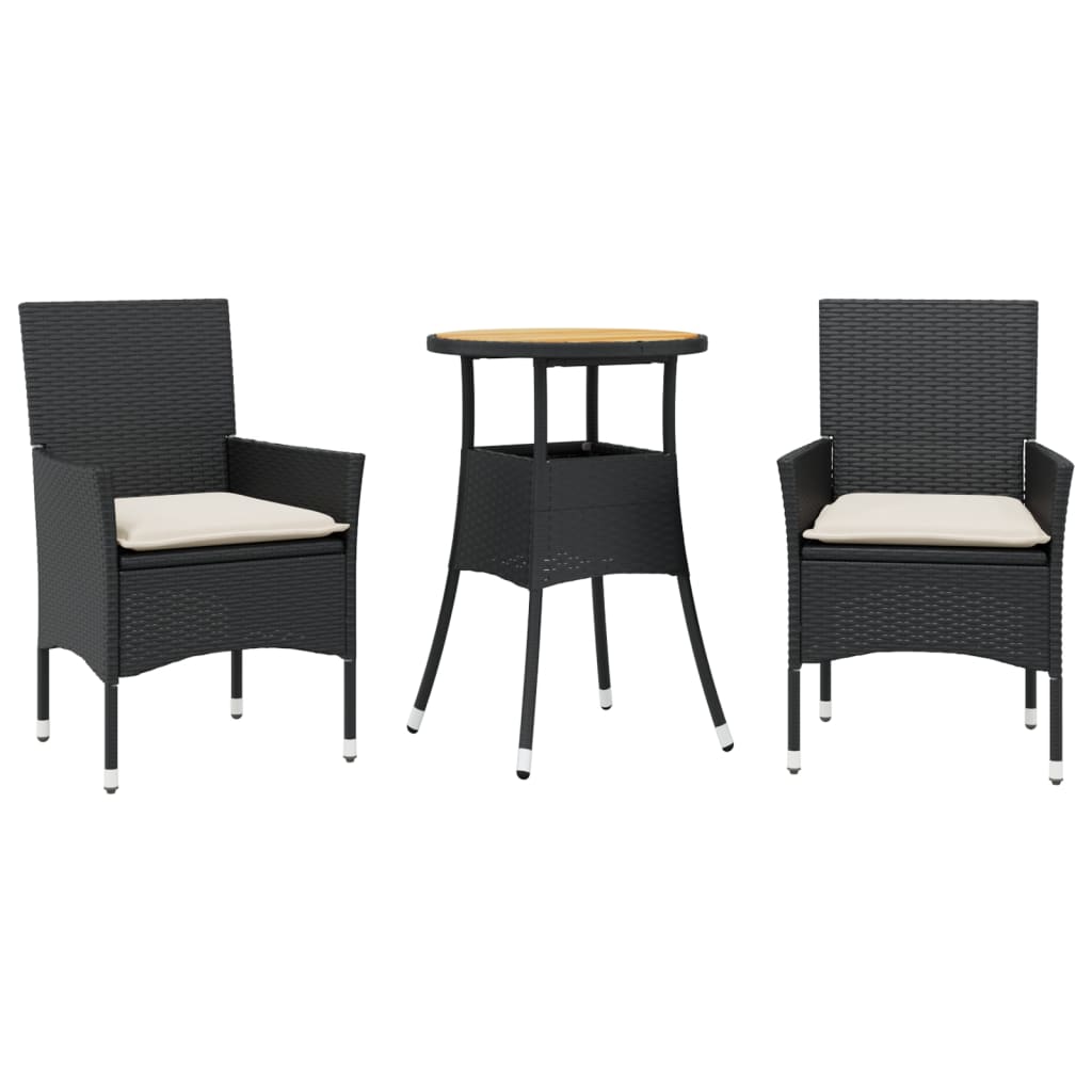 Ensemble à manger de jardin et coussins 3 pcs noir rotin acacia