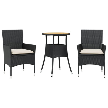 Ensemble à manger de jardin et coussins 3 pcs noir rotin acacia