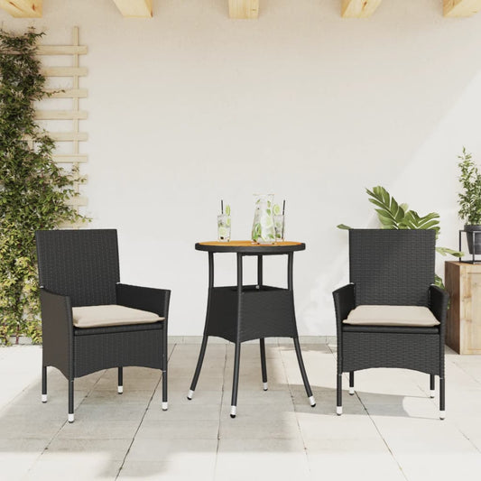 Ensemble à manger de jardin et coussins 3 pcs noir rotin acacia