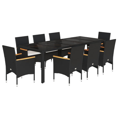 Ensemble à manger de jardin et coussins 9 pcs noir rotin verre