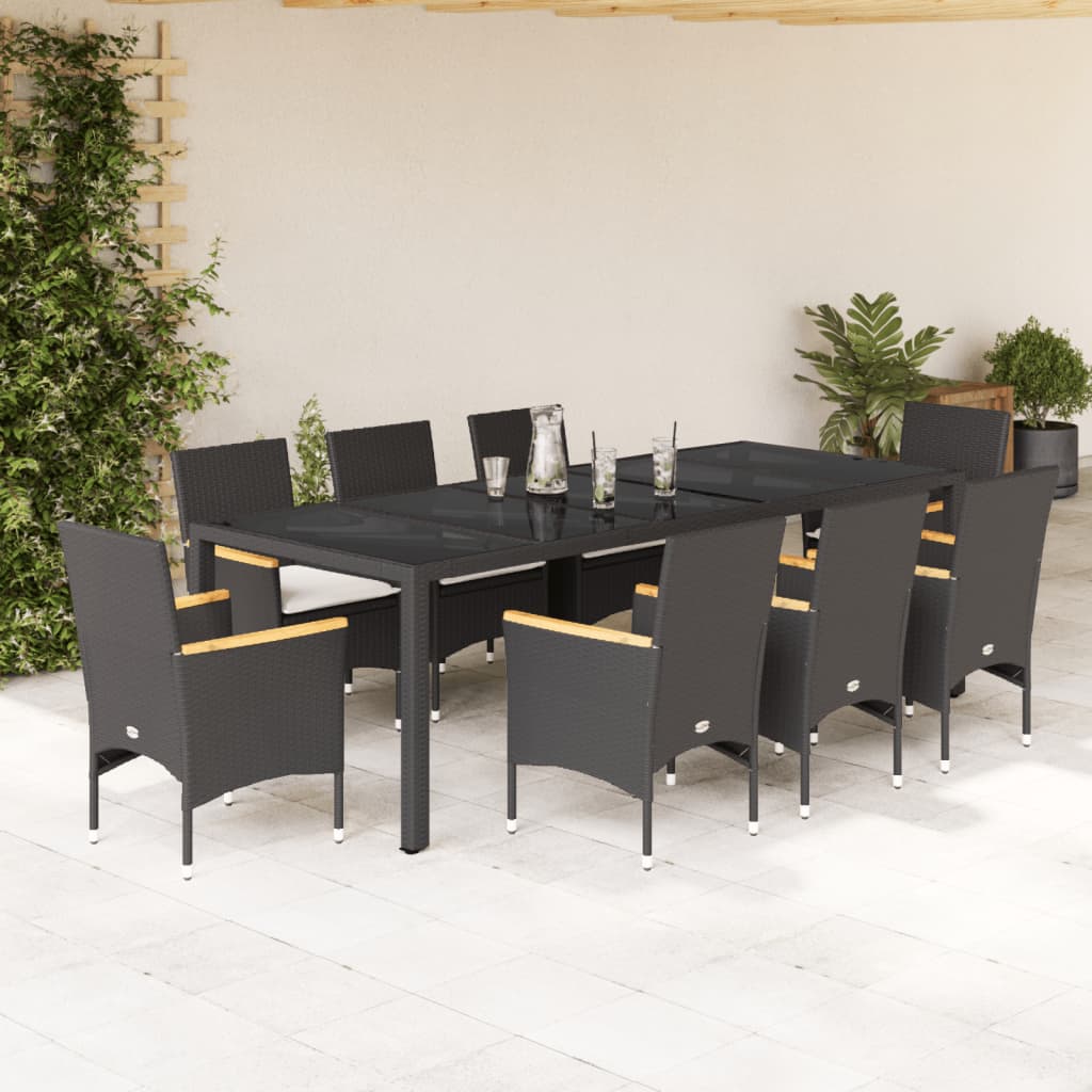 Ensemble à manger de jardin et coussins 9 pcs noir rotin verre