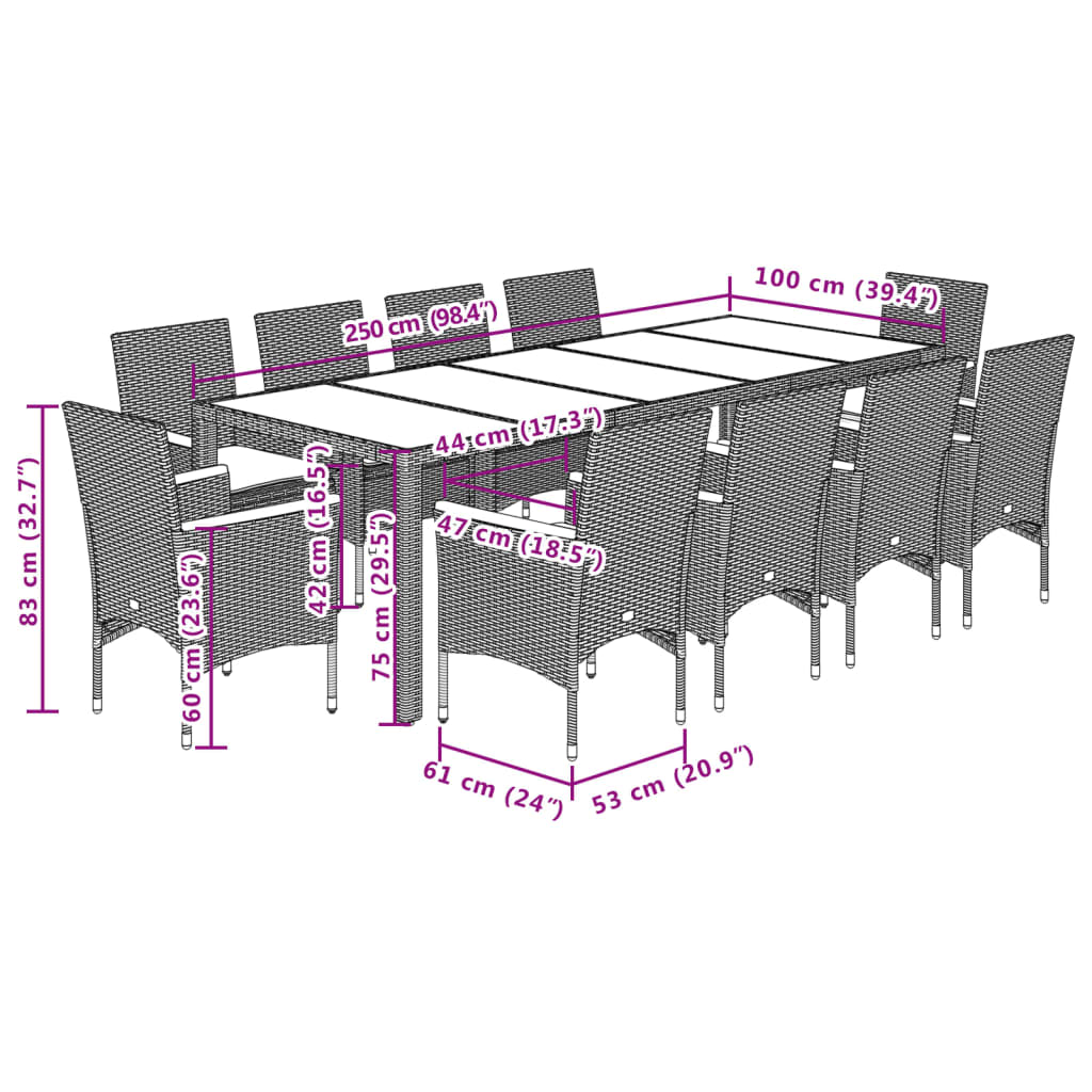 Ensemble à manger de jardin et coussins 11 pcs noir rotin verre