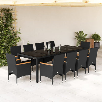 Ensemble à manger de jardin et coussins 11 pcs noir rotin verre