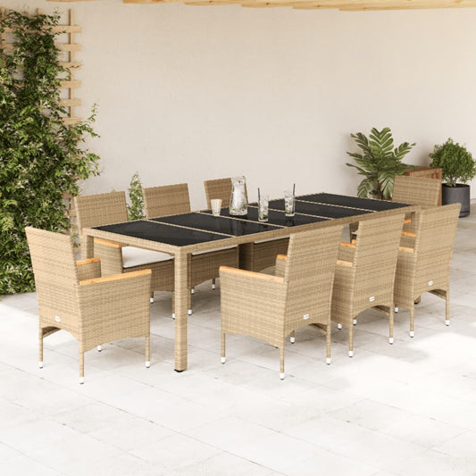 Ensemble à manger de jardin et coussins 9 pcs beige rotin verre