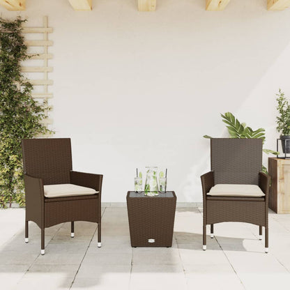 Ensemble de bistro avec coussins 3 pcs marron rotin et verre