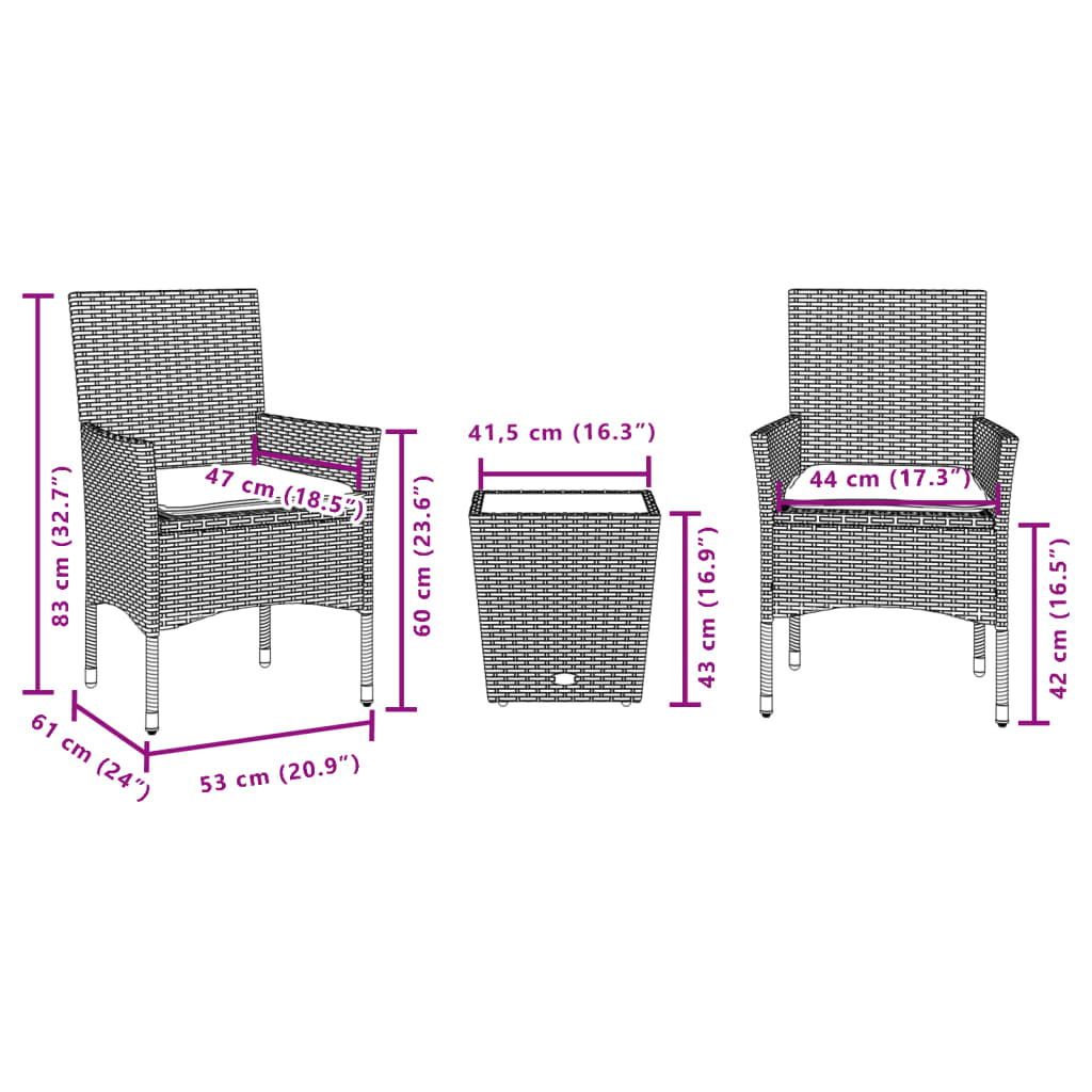 Ensemble de bistro avec coussins 3 pcs gris rotin et verre