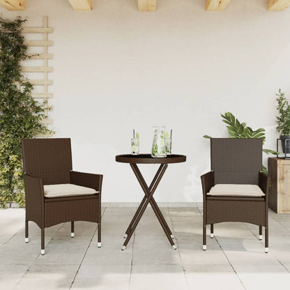 Ensemble de bistro avec coussins 3 pcs marron rotin et verre