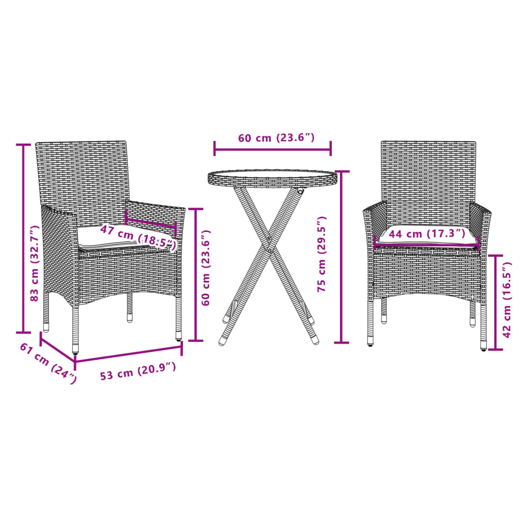 Ensemble de bistro avec coussins 3 pcs gris rotin et verre