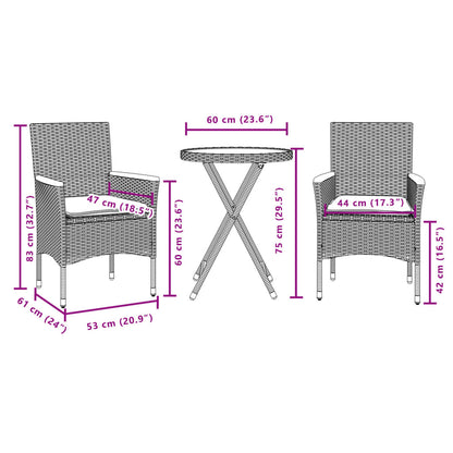 Ensemble de bistro avec coussins 3 pcs gris rotin et acacia