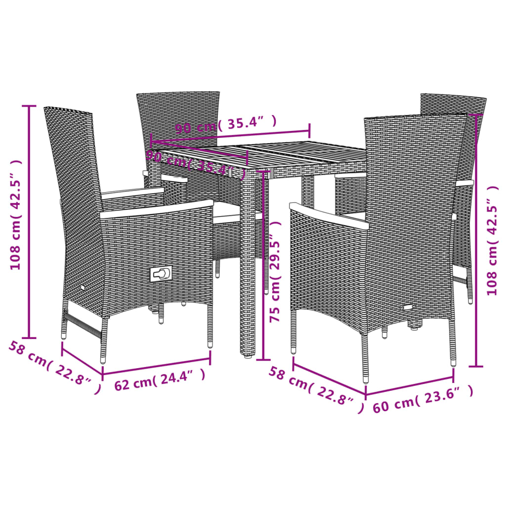 Ensemble à manger de jardin coussins 5pcs Noir Résine tressée